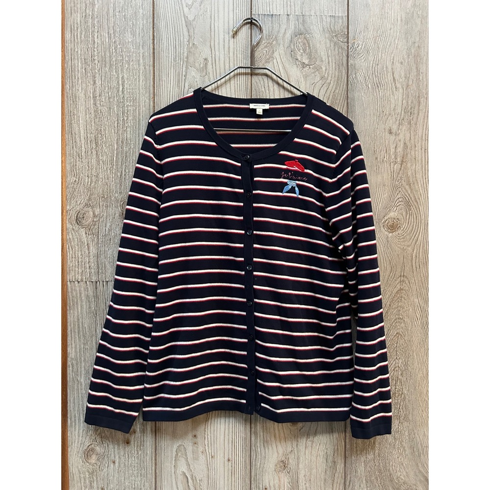 Talbots Womens Navy Striped Je t'aime Embroidered Cotton Cardigan Sweater L